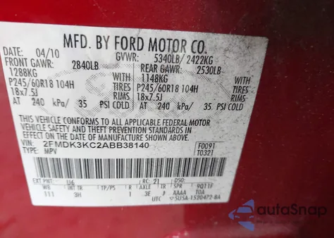 2010 Ford Edge Limited from USA, damaged, VIN 2FMDK3KC2ABB38140